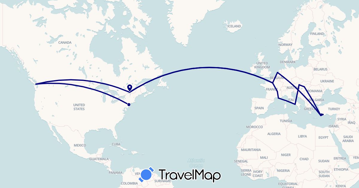 TravelMap itinerary: driving in Austria, Canada, France, Greece, Hungary, Italy, Netherlands, Turkey, United States (Asia, Europe, North America)